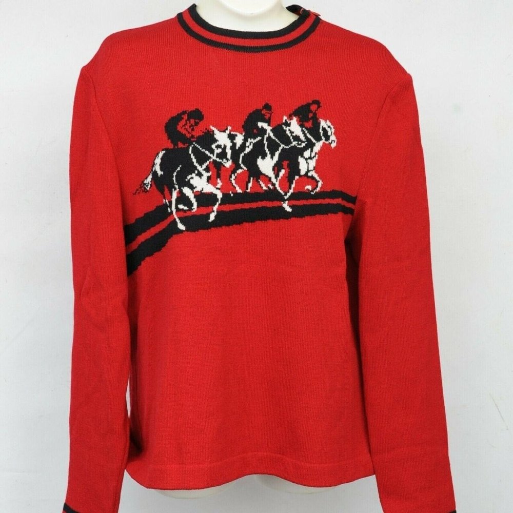 St John Sport Red Santana Knit Equestrian Horse Racing Horseshoe Sweater Women S